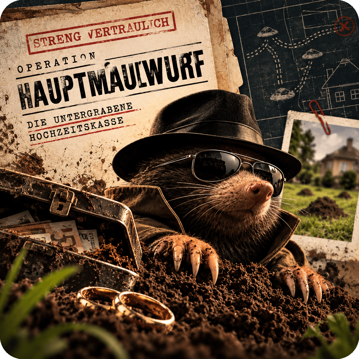 Illustration von Agent Maulwurf mit Akte und Hochzeitskasse
